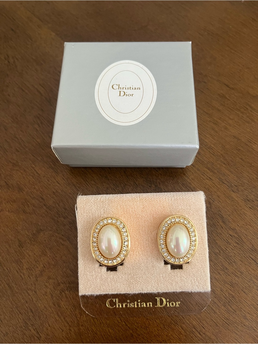 Vintage Dior Gold- Pearl Oval Clip-On Earrings with Crystal Halo